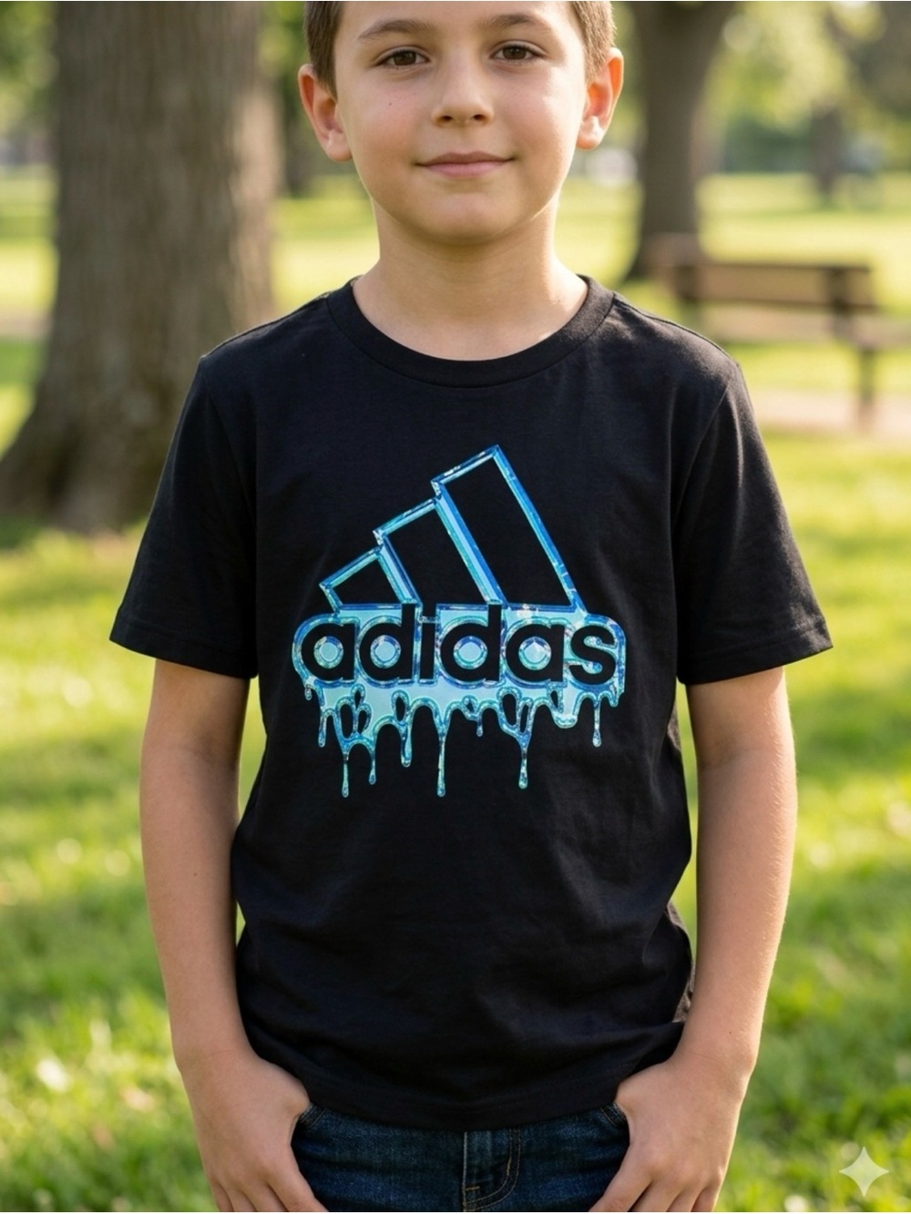 adidas Chrome Drip Logo Tee Boys Size 6 Black & Blue